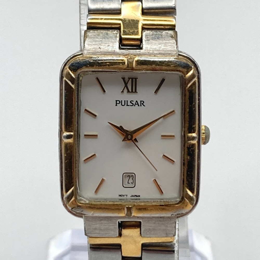 Vtg Pulsar Women Tank Watch 21mm Gold Silver Two Tone Date V782-X149 New Battery